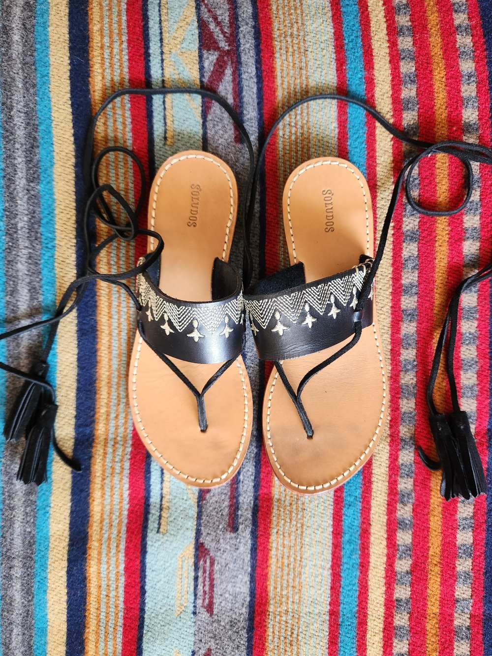 Soludos Black Embroidered Lace-Up Toe-Post Sandals